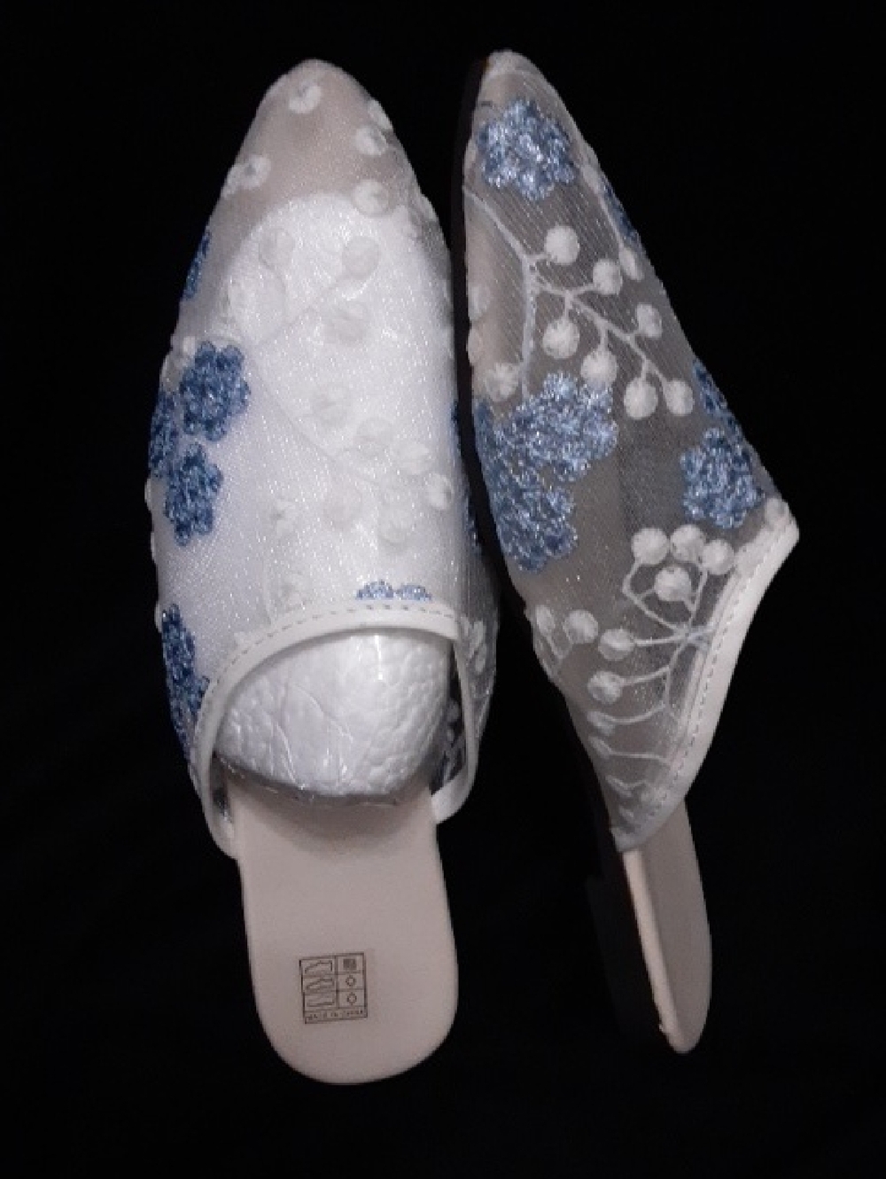 Women's Embroidered Slip-On Mules in White and Blue